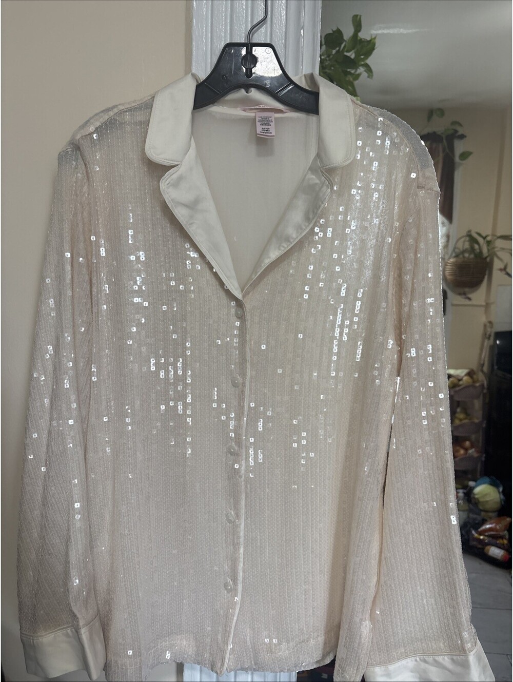 Victoria's Secret Women's Sequin Button Down Sparkly Shirt Size Small Ivory